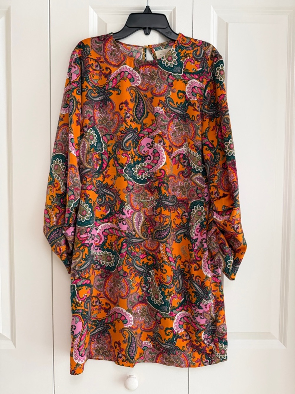 Melloday Satin Paisley Mini Dress Orange Pink Long Sleeve Size S